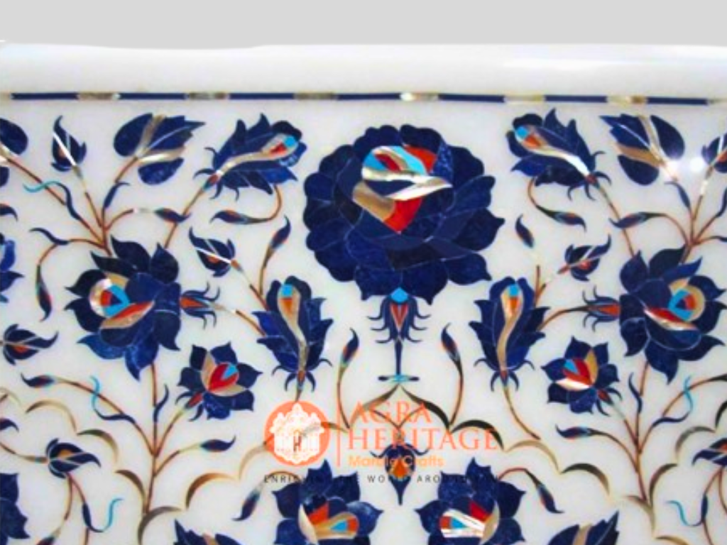 White Marble Lapis Pietradura Floral Interior Table Top